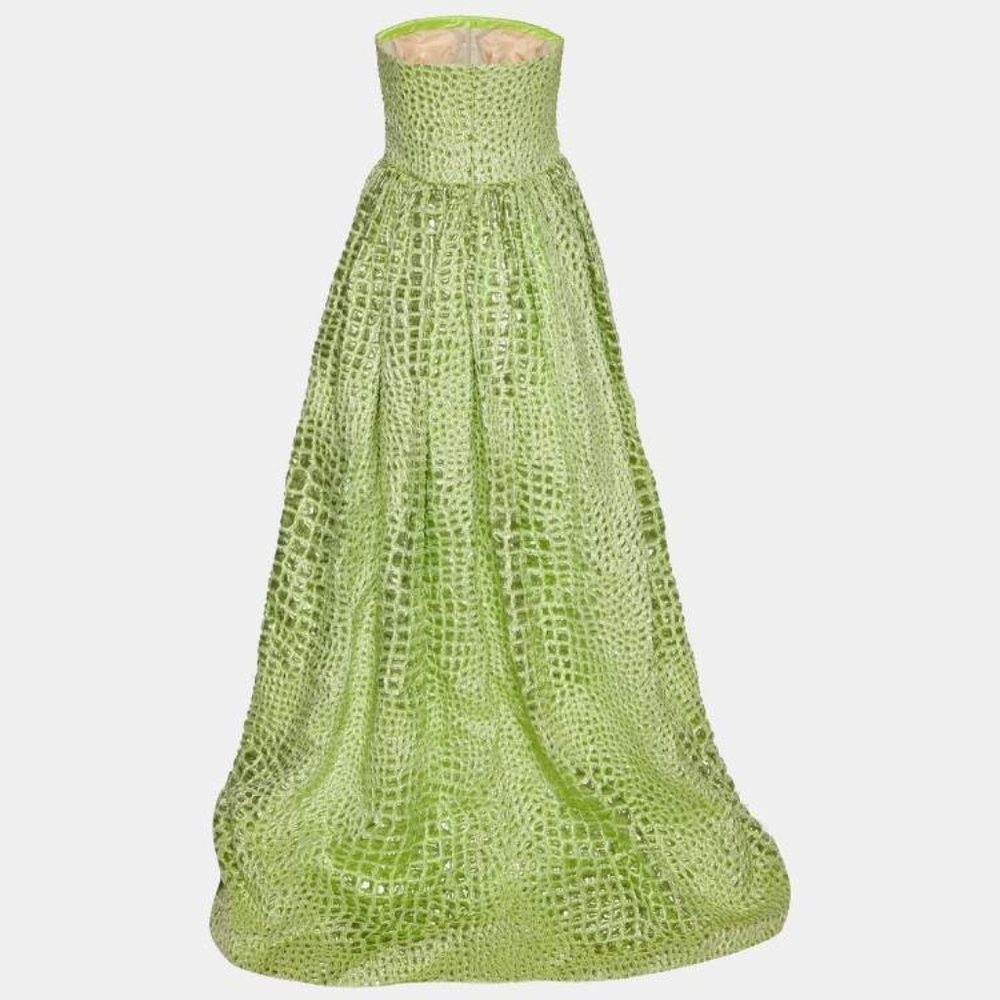 $7,000 OSCAR DE LA RENTA LIGHT GREEN HI LOW STRAPLESS TRAIN SILK GOWN US L - Picture 12 of 16